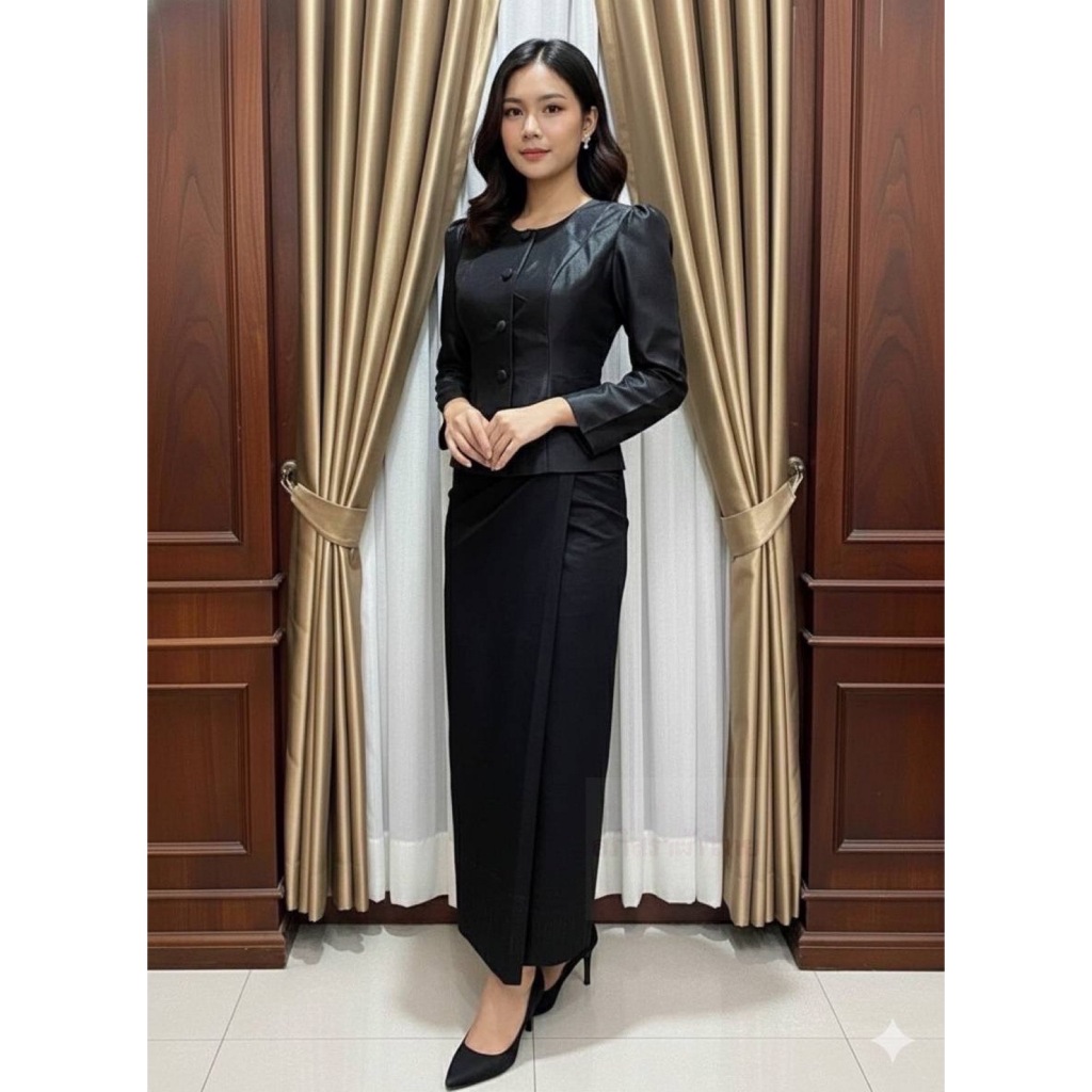 ชุดไทยเรือนต้นสีดำ ผ้าไหมสี่เส้น ไหล่ยก เกรดพรีเมี่ยม อัดซับผ้ากาวทั้งผืน พร้อมส่ง