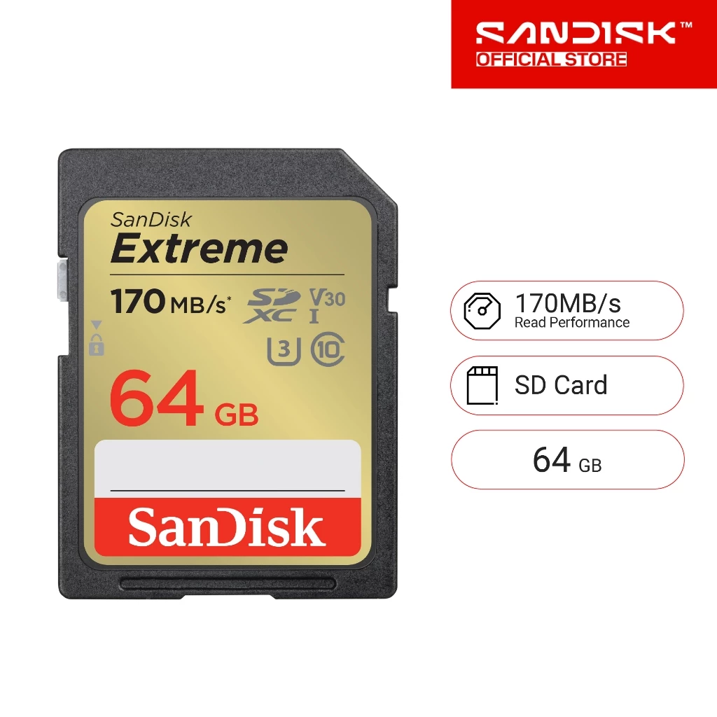SanDisk Extreme SDXC Card 64GB ความเร็ว อ่าน 170MB/s เขียน 80MB/s (SDSDXV2-064G-GNCIN)