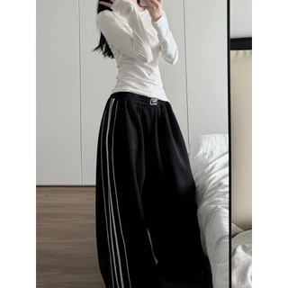 [Side-striped casual wide-leg pants]สไตล์อเมริกันวินเทจหญิงภาควิชาแจ๊สเต้นรำด้านข้างลายลำลองกางเกงขากว้าง