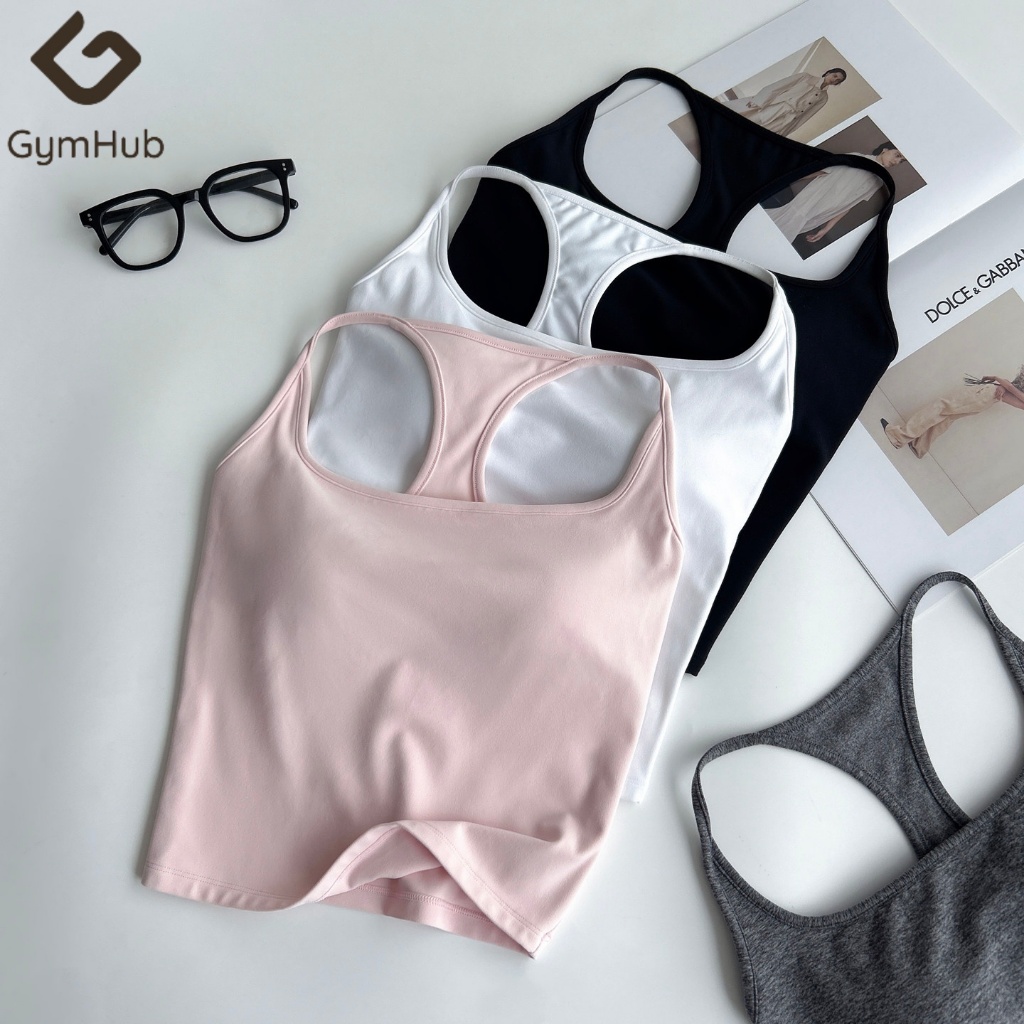 GymHub เสื้อโยคะสายคู่ทรงสปอร์ตบรา ถ้วยทรงฝังตายตัว ใส่สบายไร้ความรู้สึก สายบาง ทรงสี่เหลี่ยม ใส่ชั้นนอกได้