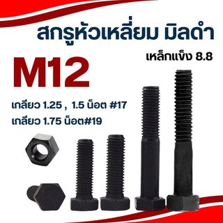 สกรูมิลดำ หัวเหลี่ยม M12 เกลียว 1.25 / 1.5 และ 1.75 ทุกความยาว น็อตเบอร์17 , เบอร์19 เหล็กแข็ง 8.8 สกรู น็อต
