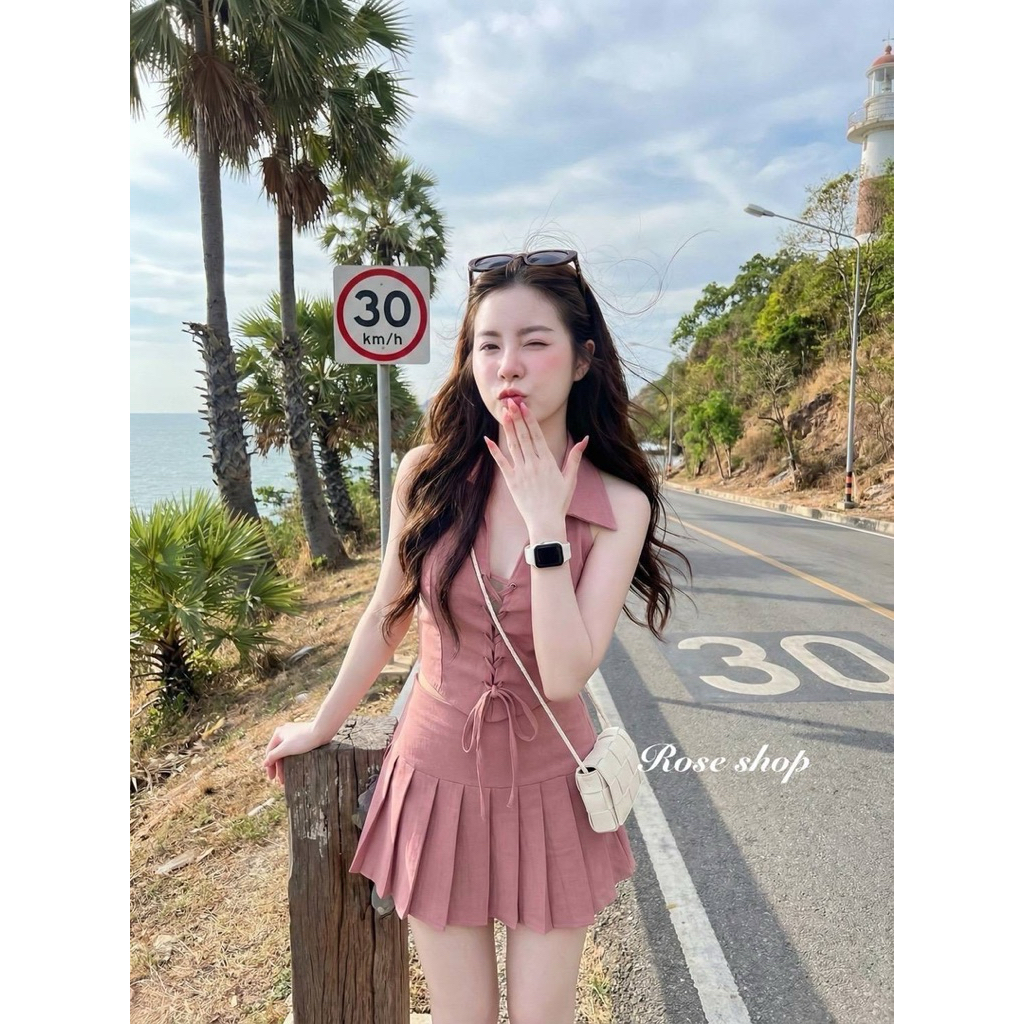 Phapassz - เซท 2 ชิ้น เสื้อคอปกคล้องคอ แต่งเชือกผูก+กระโปรงมีซับในทรงจีบรอบ หรูหราสุดๆ #Ontop