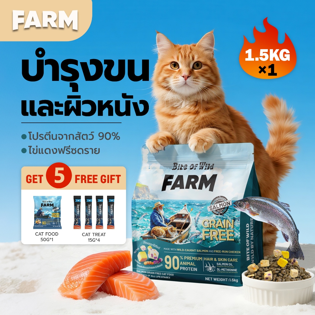 Bite Of Wild แซลมอน อาหารแมว 1.5 กก. Grain free โปรตีนสัตว์ 90%  น้ำมันแซลมอน บำรุงขนและผิวหนัง