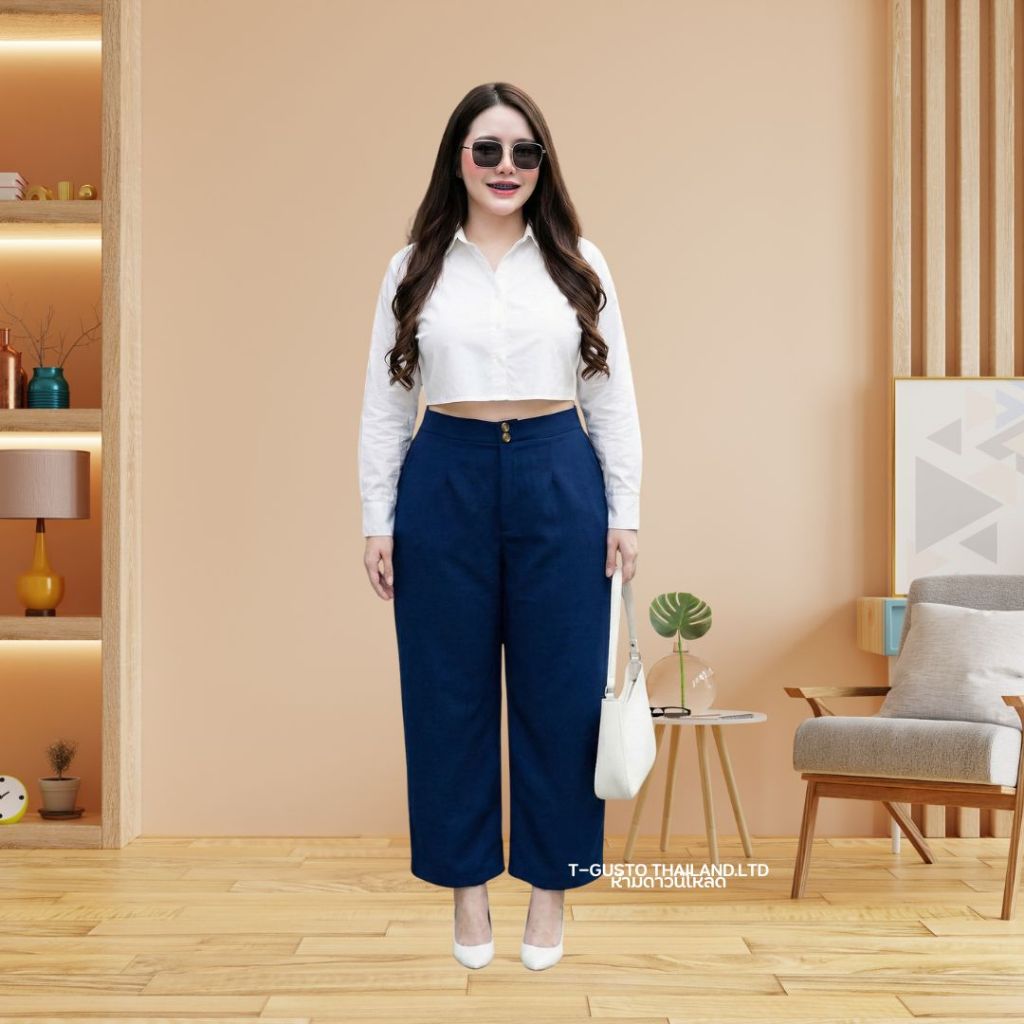 A28กางเกงขายาวทรงกระบอกใหญ่ เอวแต่งกระดุมผู้หญิง-ใส่ทำงานดีไซน์ทันสมัยสาวอวบ เอว 38-54“ สะโพก 64“ ยาว 39“ ต้นขา 32“