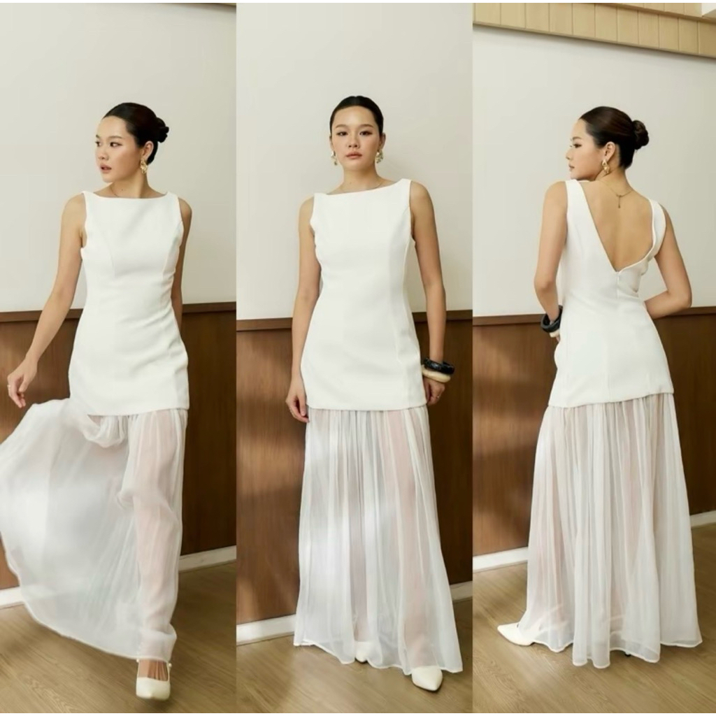 ชุดเดรสออกงานสีขาว ป้าย SAWANA size L ส่งต่อไม่เคยใช้งาน