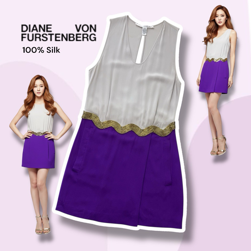 DIANE VON FURSTE FURSTENBERG แบรนด์ดังระดับโลกจากเบลเยียม DVF dress silk grey, purple  เดรสสั้น 100%