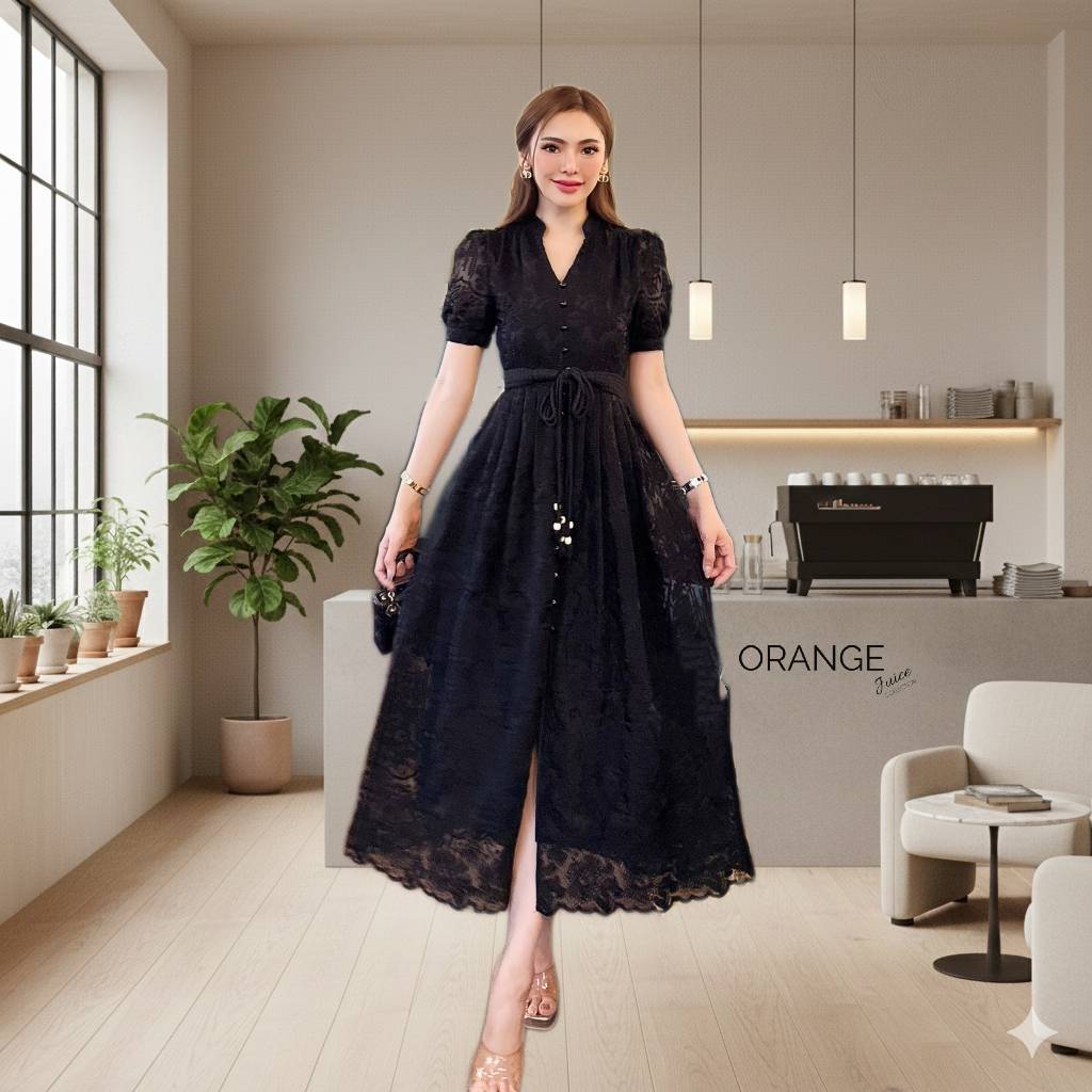 OR21866 เดรสลูกไม้ปักสีดำ คอวี แขนตุ๊กตา งานปักแน่นๆ พร้อมเชือกถักผูกเอว