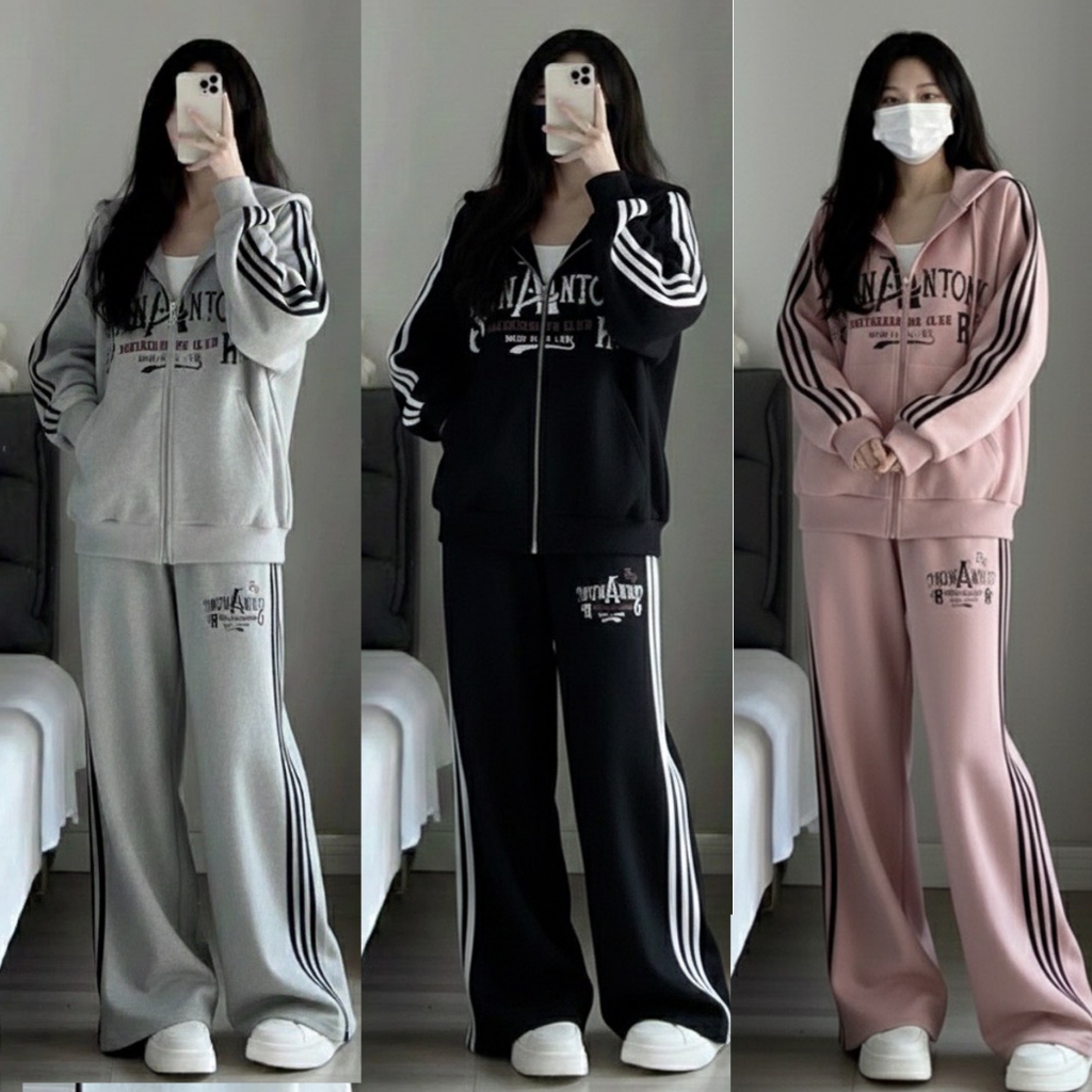 AA41 ชุดเซ็ต 2 ชิ้น เสื้อเเจ็คเก็ต (โอเวอร์ไซต์) +กางเกงขากระบอก Airport look เเฟชั่นสนามบิน เนื้อผ้านิ่ม เเถบข้าง ช/ญ ใ
