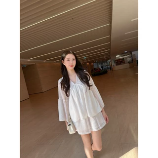 ส่งทันที 🚨 เพิ่มซับใน ขาว/เหลือง/ฟ้า SLYQ BELLE V NECK BLOUSE & SHORTS SET เซ็ตเสื้อเบลาส์แขนยาวคอวีและกางเกงขาสั้น