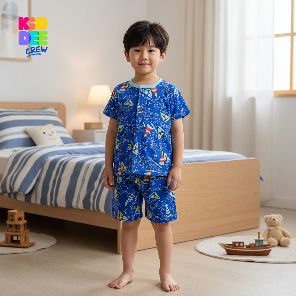 KiddeeCrew ชุดนอนเด็ก แขนสั้นขาสั้น สีฟ้าเรือใบ เหมาะสำหรับอายุ 1-12 ปี