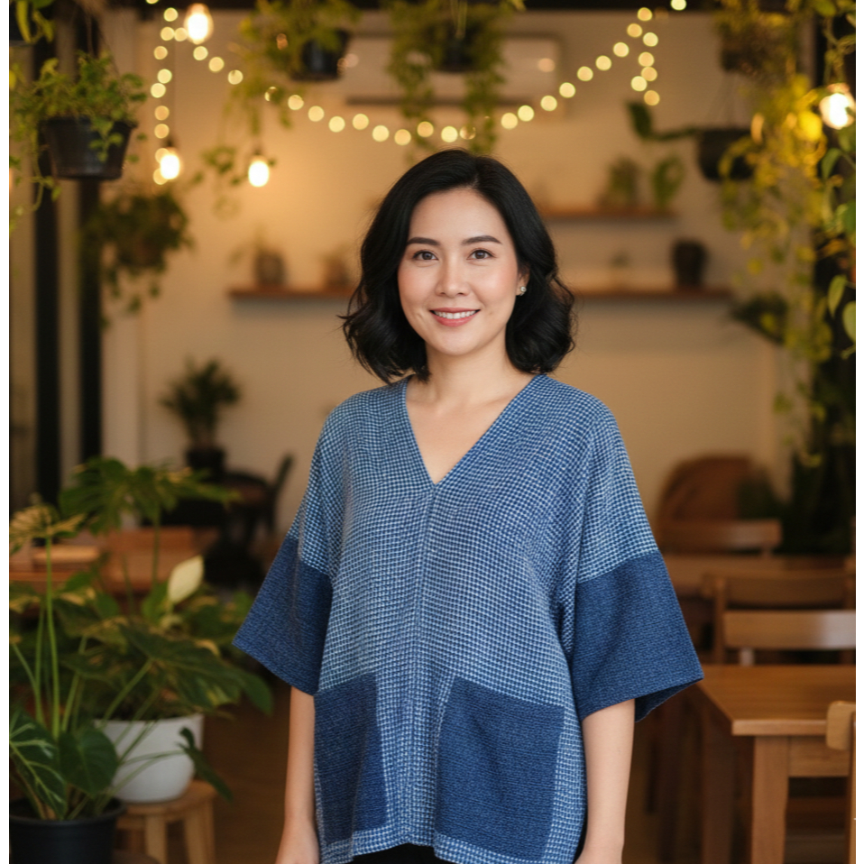 เสื้อทรงกะเหรี่ยง รุ่นต่อแขน  ผ้าฝ้ายทอรังผึ้ง  สีม่อฮ่อม ทำ Stone Wash  ผ้านุ่มมาก ๆ ไซส์ใหญ่