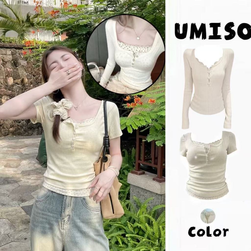 UMISO เสื้อยืดแขนสั้นลายดอกไม้  คอกลม ดีไซน์ 2ชั้น เสื้อยืดผู้หญิง ใส่สบาย สาวอวบใส่ได้