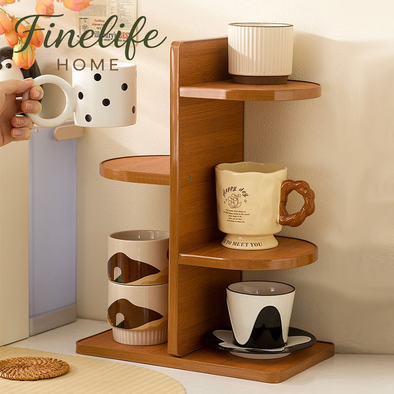 Finelife ที่วางแก้วไม้หลายชั้น ชั้นวางของบนเดสก์ท็อป ที่วางแก้ว ชั้นเก็บของ ชั้นวางของบนโต๊ะ แข็งแรงทนทาน