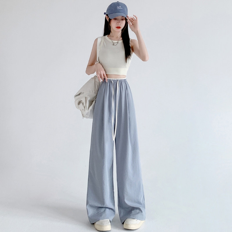 2026 ฤดูร้อนกางเกงผอมตรงผู้หญิงพื้นผิวอ่อนนุ่ม Splicing กีฬากางเกงขายาวลำลองกางเกงน้ำแข็งขากว้าง - รูปที่ 5