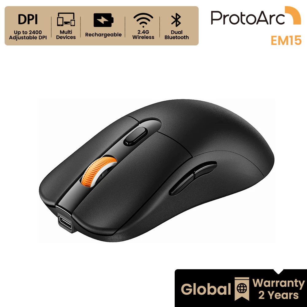 ProtoArc EM15 เมาส์ไร้สาย ออกแบบตามหลักสรีรศาสตร์ ใช้งานสบาย ชาร์จได้ บลูทูธ USB-A/Type-C 3 โหมด สีดำ รับประกัน 2 ปี