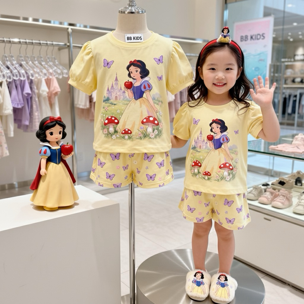 ชุดเซ็ตเด็กผู้หญิงลายเจ้าหญิง เสื้อแขนสั้น & กางเกงขาสั้น