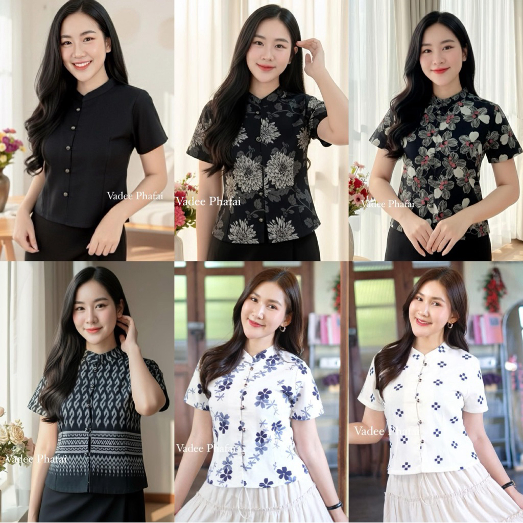 เสื้อคอจีนแขนสั้น กระดุมเงิน ผ้าฝ้ายลายดอกไม้สวยๆ