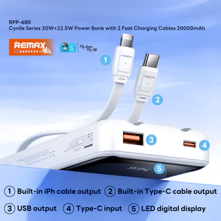 [ สินค้ายอดฮิต CCC ] Remax Power Bank RPP-680 20000mAh พาวเวอร์แบงค์ มีสายในตัว ชาร์จเร็ว Fast Charge หน้าจอ LED