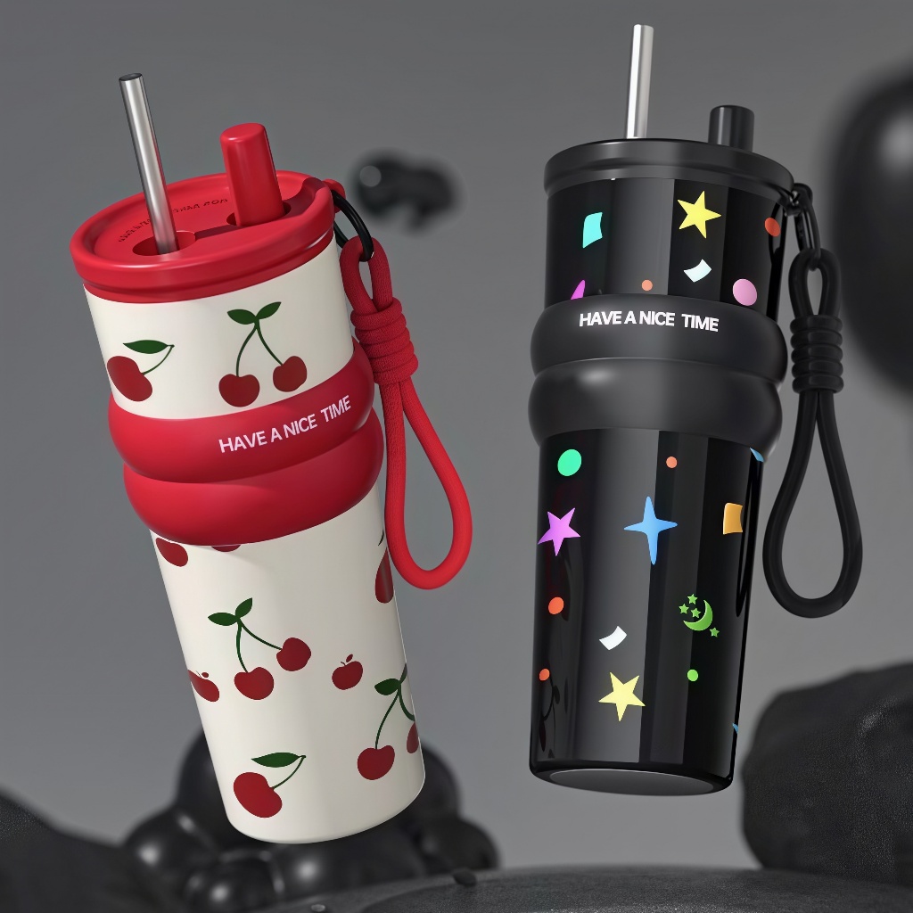 (จัดส่งจากประเทศไทย)710ML แก้วน้ำสูญญากาศเก็บอุณหภูมิ พร้อมหูจับพกพาและหลอด 316 สแตนเลส แก้วเก็บความเย็น