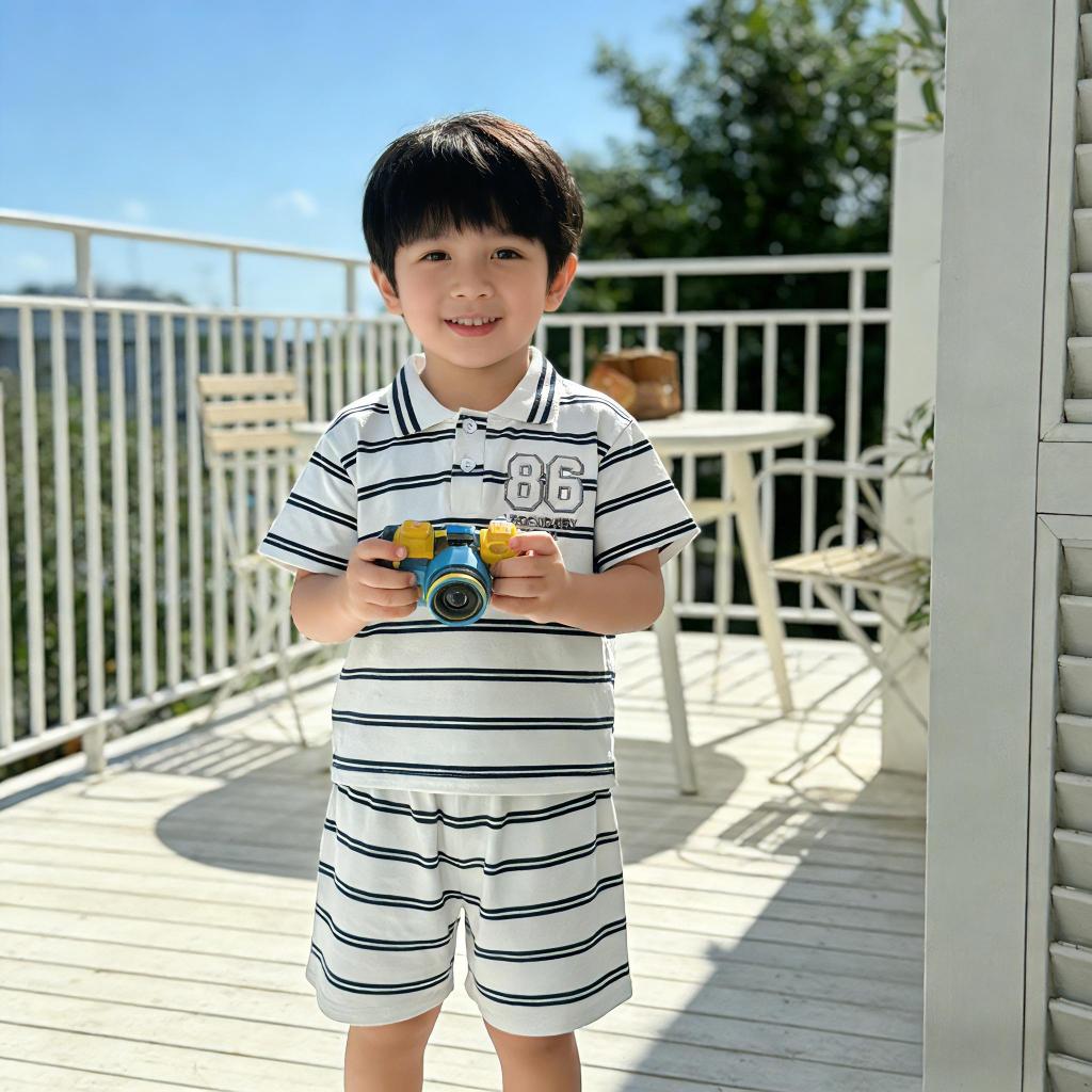 【COD】SUNKIDS ชุดเด็กผู้ชาย โปโลแขนสั้นลายขีด – สีขาวดำ/น้ำเงินขาว，ติดลายตัวเลขสวยงาม，กับกางเกงขาสั้นสวมสบาย。ผ้าเนื้ออ่อน ราคา ถูกที่สุด ดีลบีเคเค แกลเลอรีภาพที่ 3