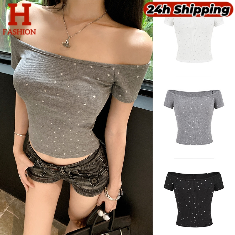 HOTพร้อมส่ง เสื้อแขนสั้น ดีเทลเปิดไหล่ สีพื้น สไตล์วายทรูเค สีพื้น FYB24