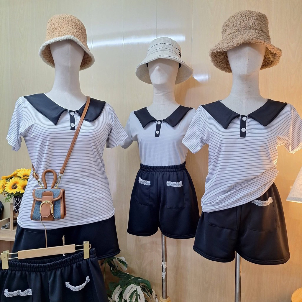 D013 ชุด2 ชิ้นคอปกลายทาง