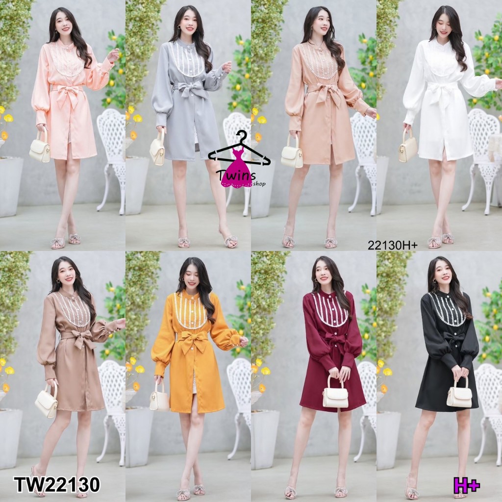 PP22130 10Dee เดรส แขนยาว คอจีน กระดุมหน้า อกแต่งลูกไม้