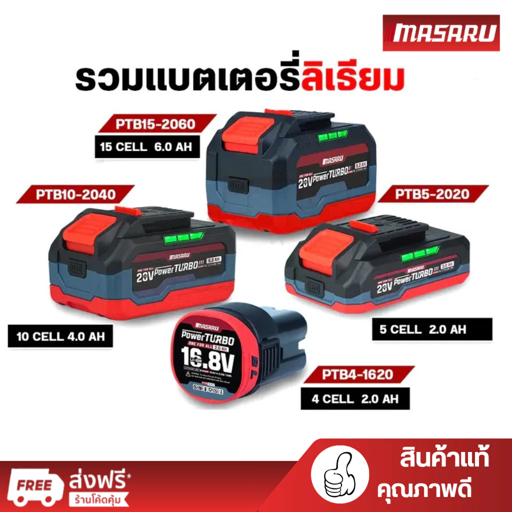 แบตเตอรี่ MASARU 20V 2.0Ah 4.0Ah 6.0Ah รุ่น POWER TURBO