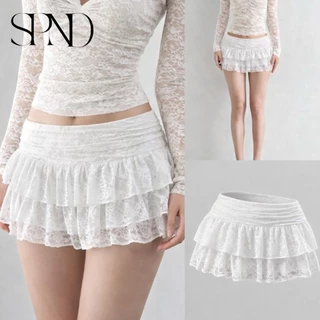 SPND【พร้อมส่ง】กระโปรงสั้นลูกไม้ ทรงเค้กซ้อน2 ชิ้น เอวยืด มีSizeให้เลือก มี 2 สี(HGWLD12369)