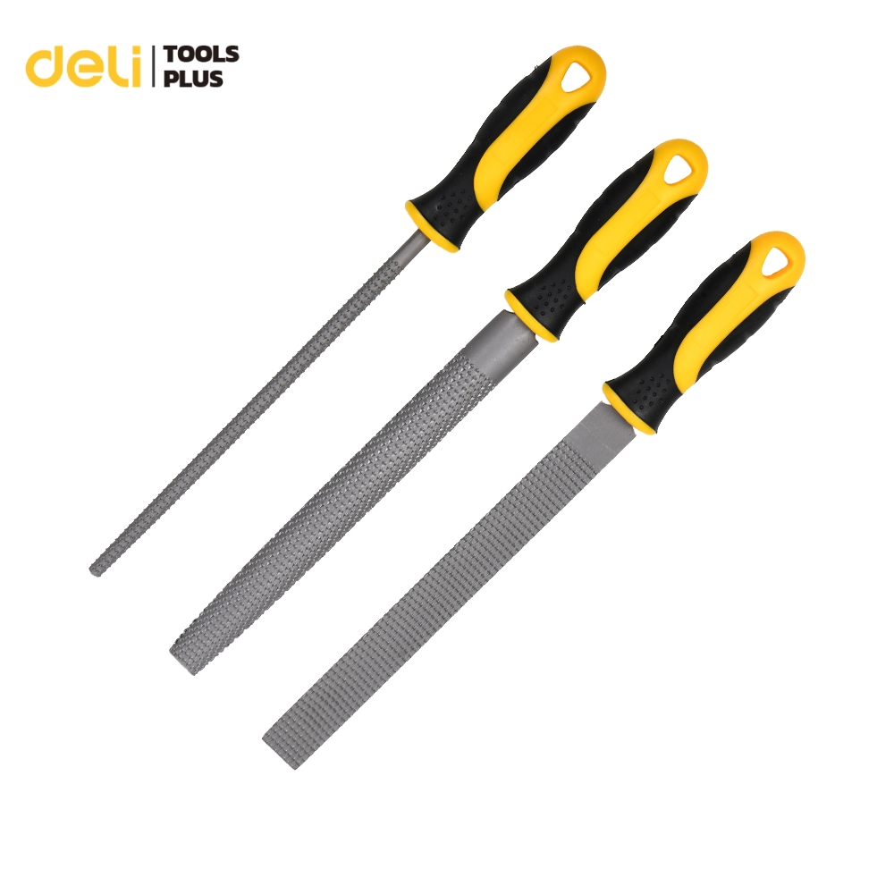 Deli ชุดตะไบอเนกประสงค์ 3 ชิ้น ชุดตะไบเหล็ก 8นิ้ว ตะไบช่าง 3 แบบ Flat / Round / Half Round ด้ามกันลื่น Hand File Set