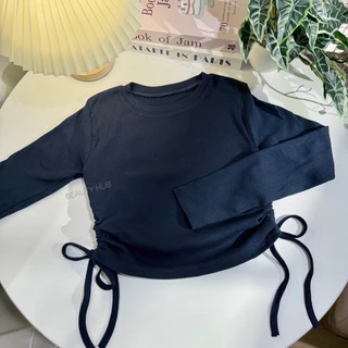 [526]เสื้อครอปคอกลม แขนยาว สายรูดข้าง ทรงสวย ผ้าร่องใส่สบาย