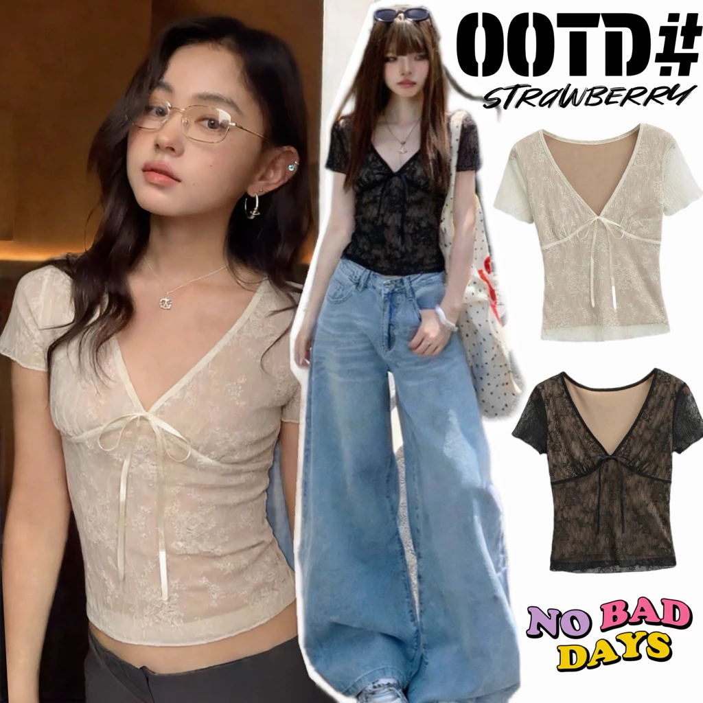 STR พร้อมส่ง🍡🌷เสื้อเบลาส์ เสื้อลูกไม้แขนยาวคอวีหลึก ดีไซน์เรียบหรูดูแพงเสื้อ2ชั้นติดกันทรงเข้ารูป เซ็กซี่แฟชั่นผู้หญิง