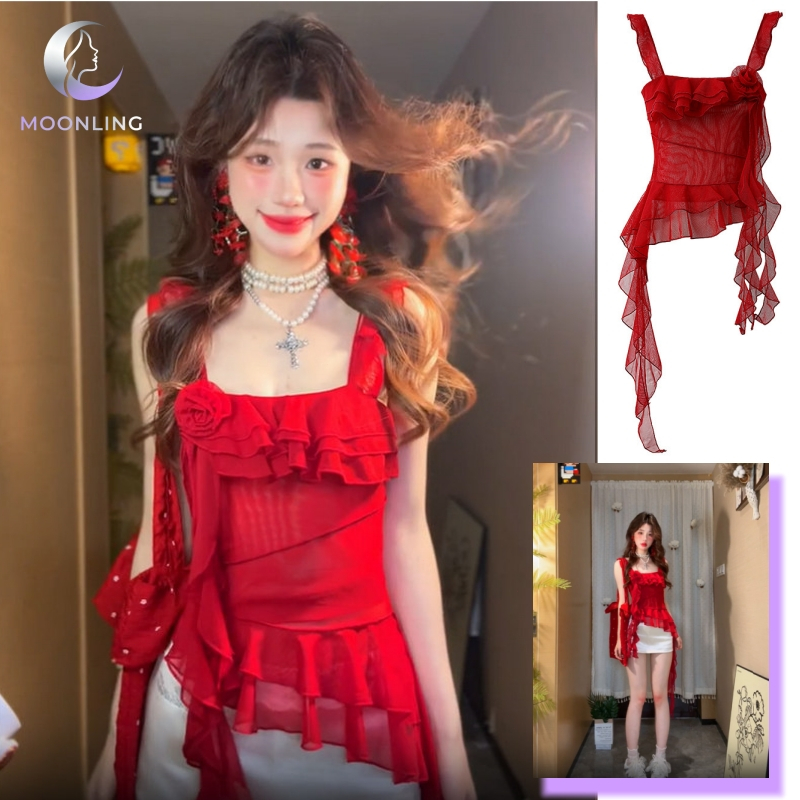MOON พร้อมส่ง เสื้อกล้าม ผ้าซีทรูเซ็กซี่ น่ารักมาก ดีเทลปล่อยพริ้ว FY2779
