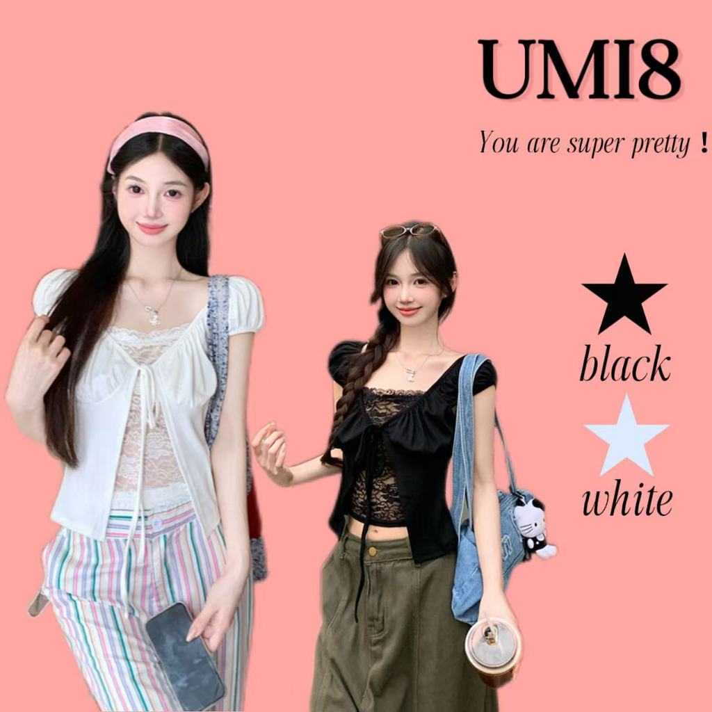 UMI8💝【ในสต็อก】💝 เสื้อครอปแขนสั้นลายสก็อตสำหรับผู้หญิง สไตล์ฤดูร้อน เซ็กซี่ ตกแต่งด้วยลูกไม้สุดเก๋