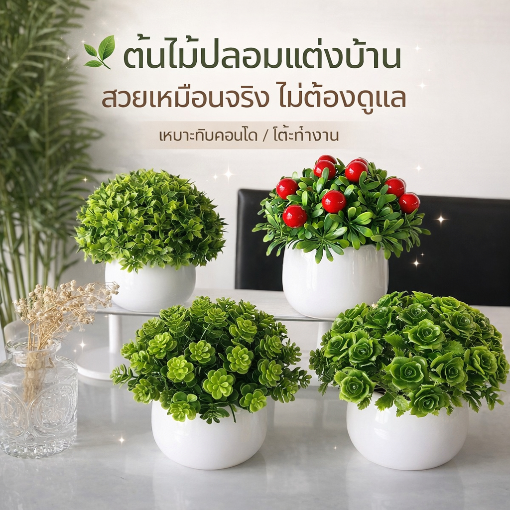 ต้นไม้ปลอมแต่งบ้าน พร้อมกระถาง | ต้นไม้ประดิษฐ์ตั้งโต๊ะ สไตล์มินิมอล ไม่ต้องรดน้ำ เหมาะคอนโด/โต๊ะทำงาน