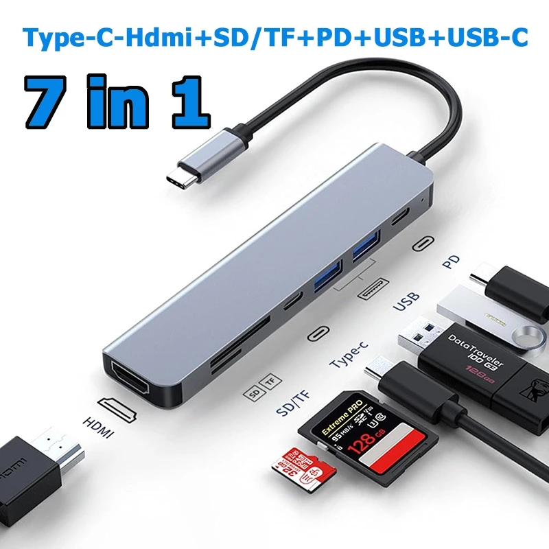 อะแดปเตอร์ฮับ Type C 7-in-1 HUB USB-C รองรับสูงสุด HDMI 4K 30Hz+ USB2.0+USB3.0+PD+SD/TF
