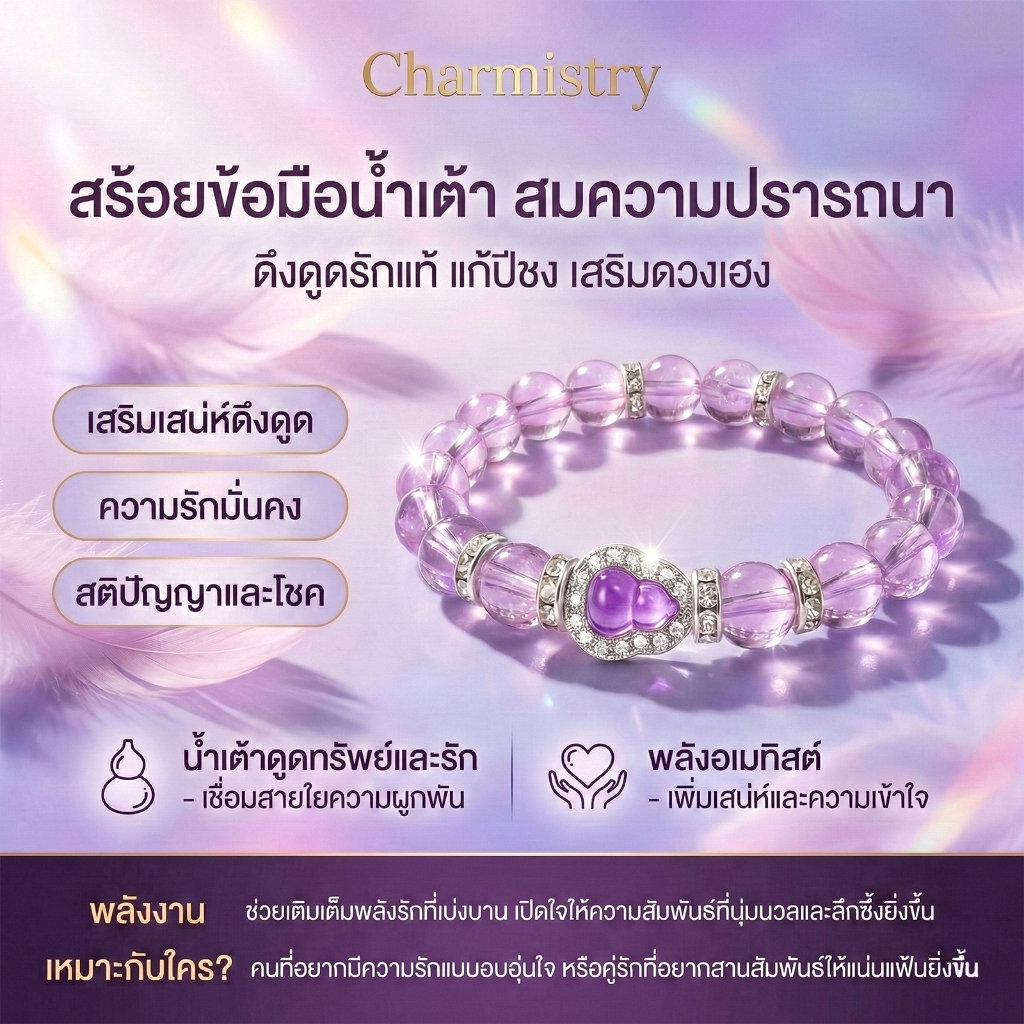 Charmistry-สร้อยข้อมือหินมงคลสีม่วงพาสเทล ลูกปัดม่วงอ่อน จี้น้ำเต้าอะเมทิสต์ (กันพลังลบ เสริมโชค) มีกล่องของขวัญ