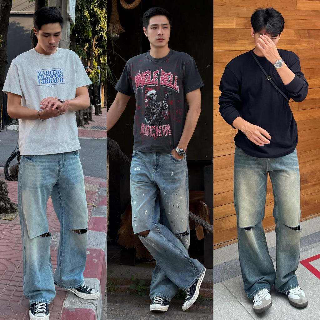 ‼️ สินค้าขายดี 🍻Street Jeans V.4 กางเกงยีนส์ทรงกระบอกกลาง แต่งขาดตรงเขา ทรงสวย เนื้อผ้าเกรดดี 👖✨