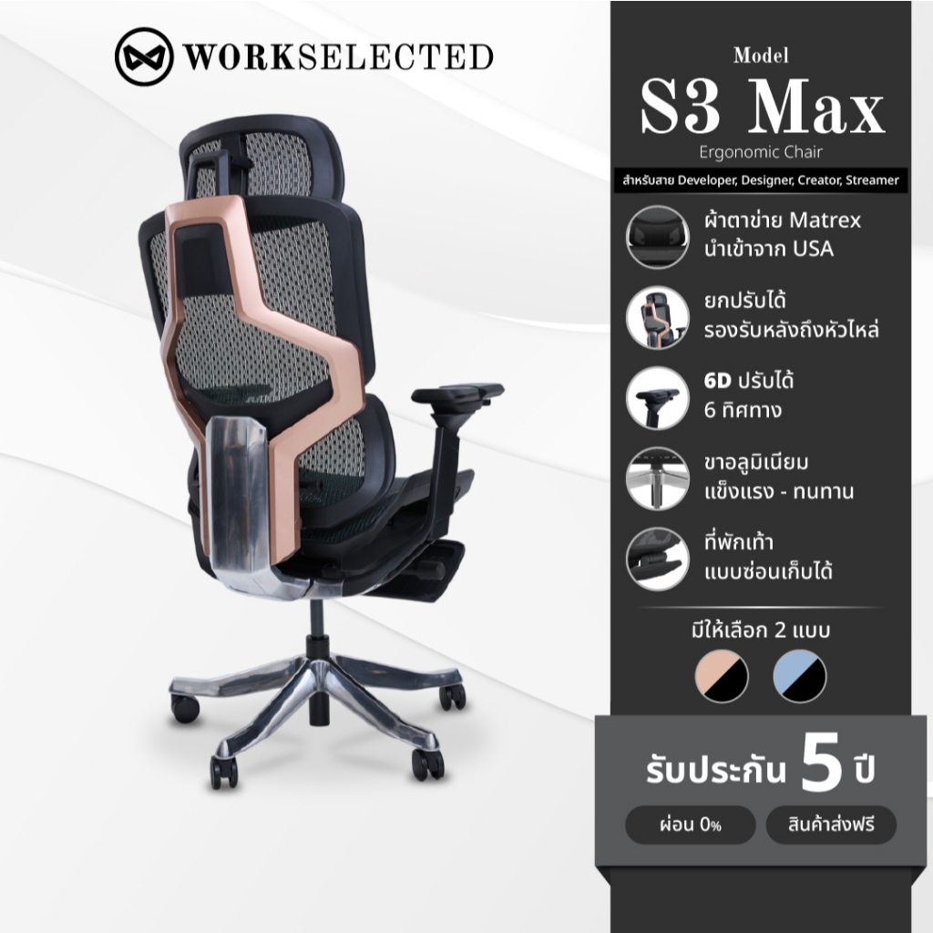 ลดเพิ่ม 1000.- WORKSELECTED Model-S3-Max เก้าอี้ทำงานเพื่อสุขภาพ ปรับได้ครบทุกสัดส่วน รับประกัน 5 ปี