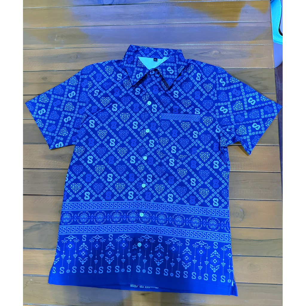 เสื้อโปโล polo คอปก รชก ลายดอกขอ mawin สีน้ำเงิน