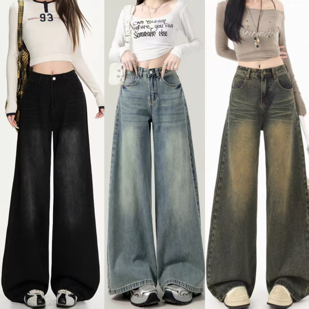 🔥919nn🔥เอวสูง ยีนส์สนิมเขียวฟอก กางเกงยีนส์กระบอกใหญ่ กางเกงยีนส์ ไซส์ XS-2XL