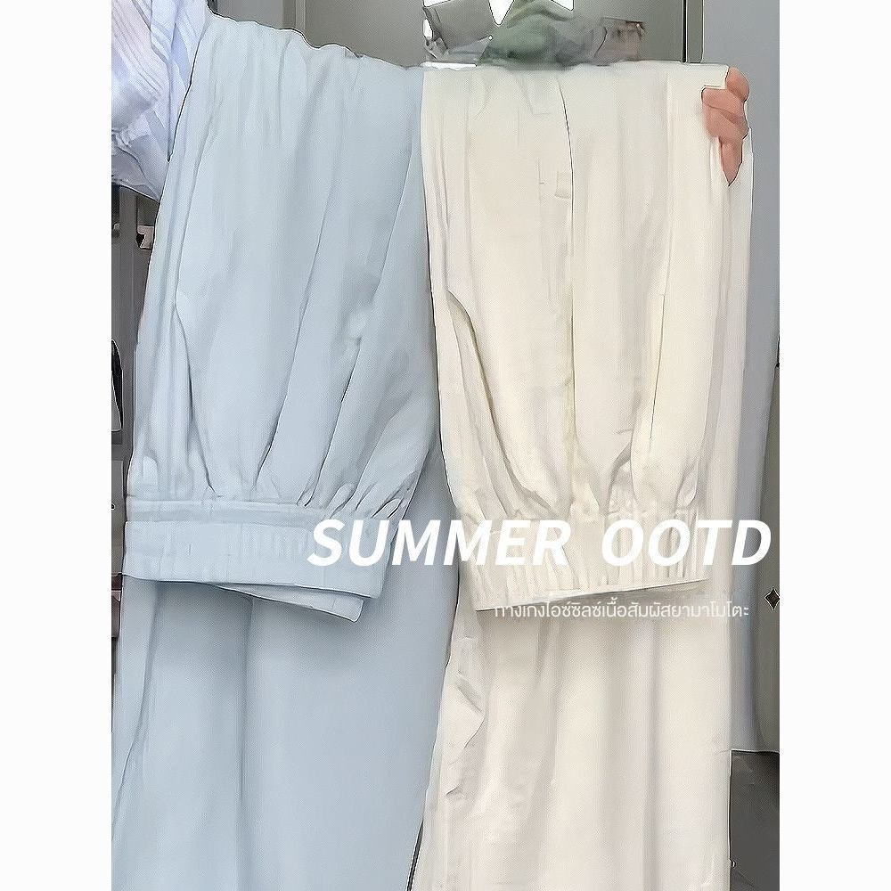ครีมสีขาวเนื้อสัมผัสขากว้างกางเกงผู้หญิงฤดูร้อนใหม่เอวสูงรู้สึกหลวมและขี้เกียจนมสบาย ๆ Fuyamamoto กางเกง
