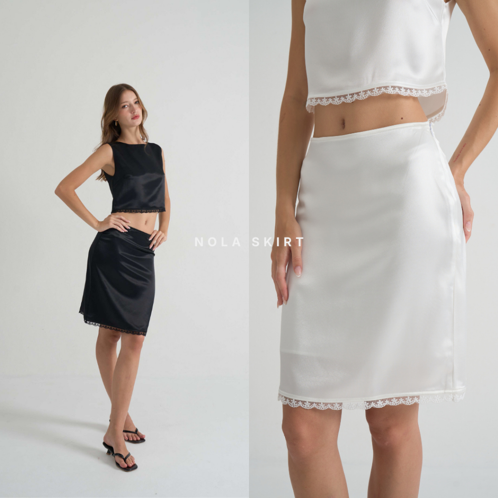 Aline - Nola Skirt กระโปรงเอวต่ำ ทรง midi ผ้าซาติน ดีเทลลูกไม้