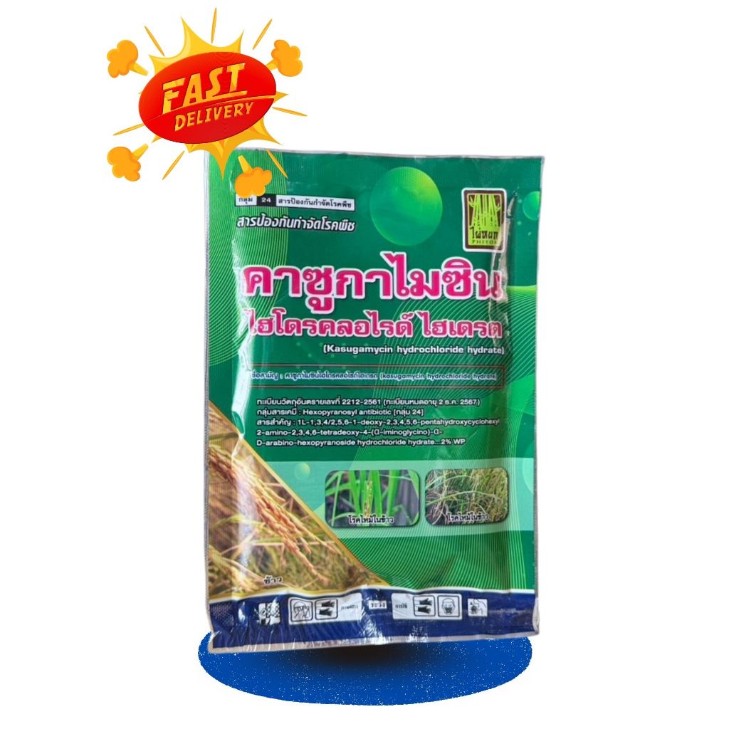 คาซูกาไมซิน ไฮโดรคลอไรด์ 100กรัม ป้องกันกำจัดโรคพืช เชื้อรา โรคไหม้ กาบใบแห้ง ใบจุด ใบขีด เมล็ดด่าง