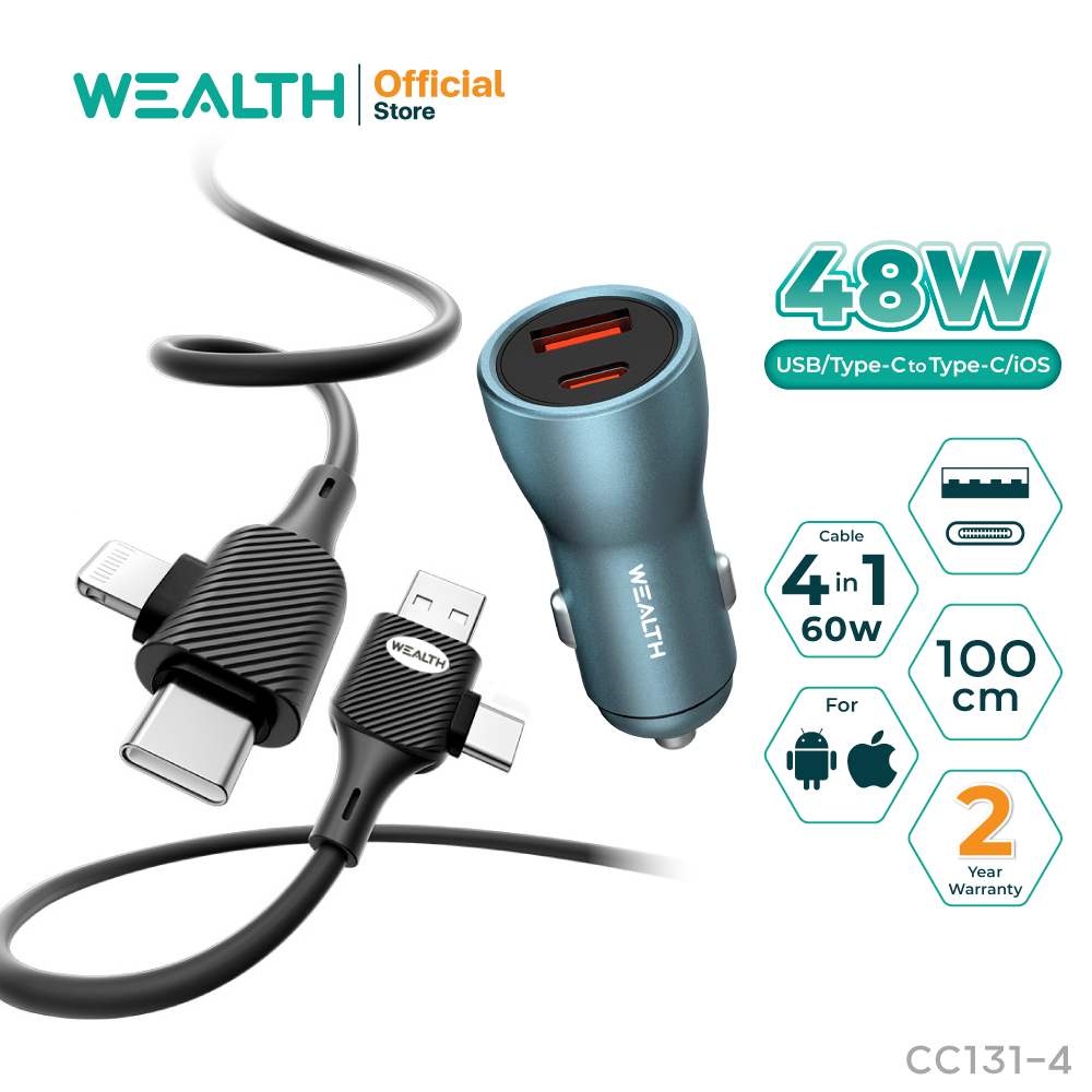 WEALTH หัวชาร์จรถยนต์ 2 พอร์ต ที่ชาร์จในรถ Car Charger 48W + สาย 4in1 รุ่น CC131-4 ใช้งานสะดวกในรถ
