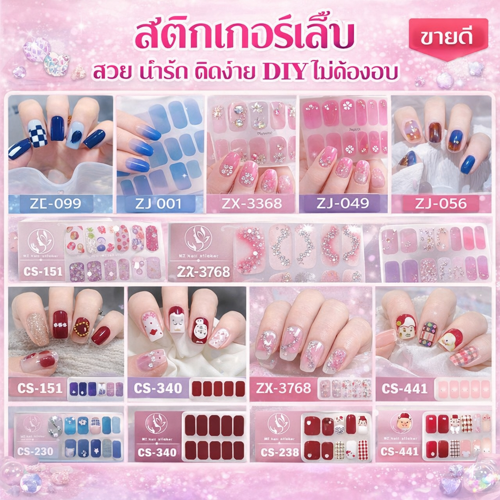 สติกเกอร์ตกแต่งเล็บซีรีส์ CS จำนวน 14 ชิ้น กันน้ำ ติดทนนาน ปราศจากมลภาวะ ตกแต่งเล็บ DIY ได้