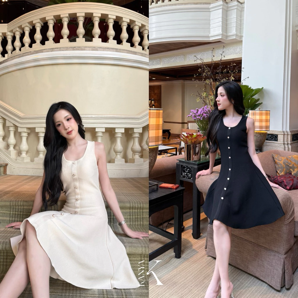 KANYA - ALINA DRESS[1003] เดรสไหมพรม ดีเทลกระดุม (8D) / (21G)(ดำ,Plus size)