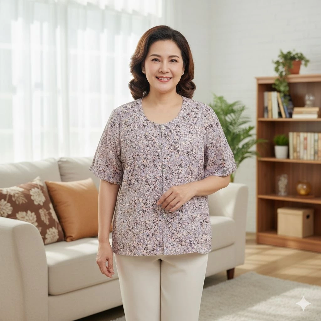 เสื้อคอกระเช้าลายดอก Size L อก 44 ยาว 20 แขนสั้น ผ่าหน้ากระดุม มีกระเป๋า thumbnail 9
