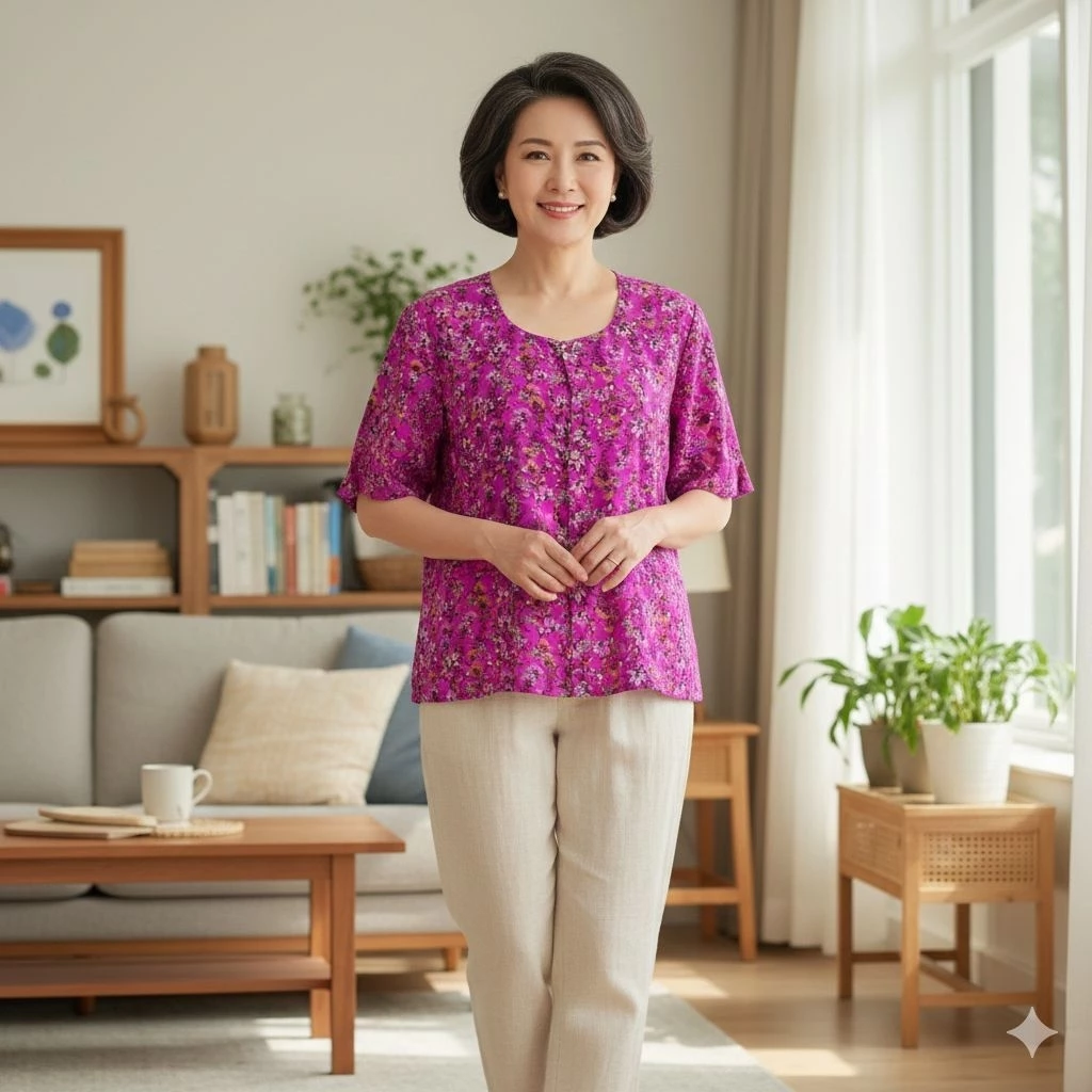 เสื้อคอกระเช้าลายดอก Size L อก 44 ยาว 20 แขนสั้น ผ่าหน้ากระดุม มีกระเป๋า thumbnail 7