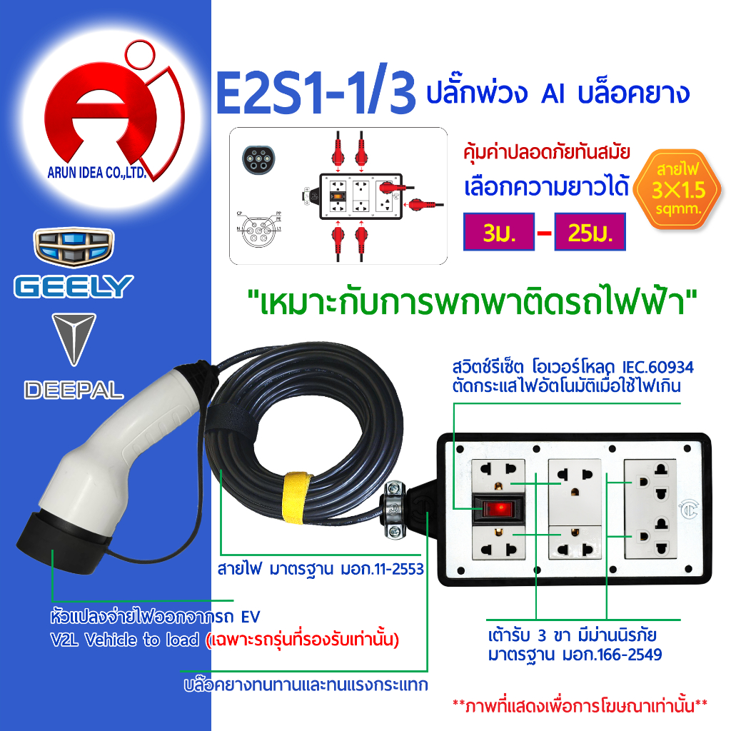 ปลั๊กพ่วง ปลั๊กไฟ รถไฟฟ้า V2L DEEPAL 05 07 GEELY ex2 ex5 ตั้งแค้มป์ สาย3x1.5 มอก 3ม. - 25ม. รุ่น E2S